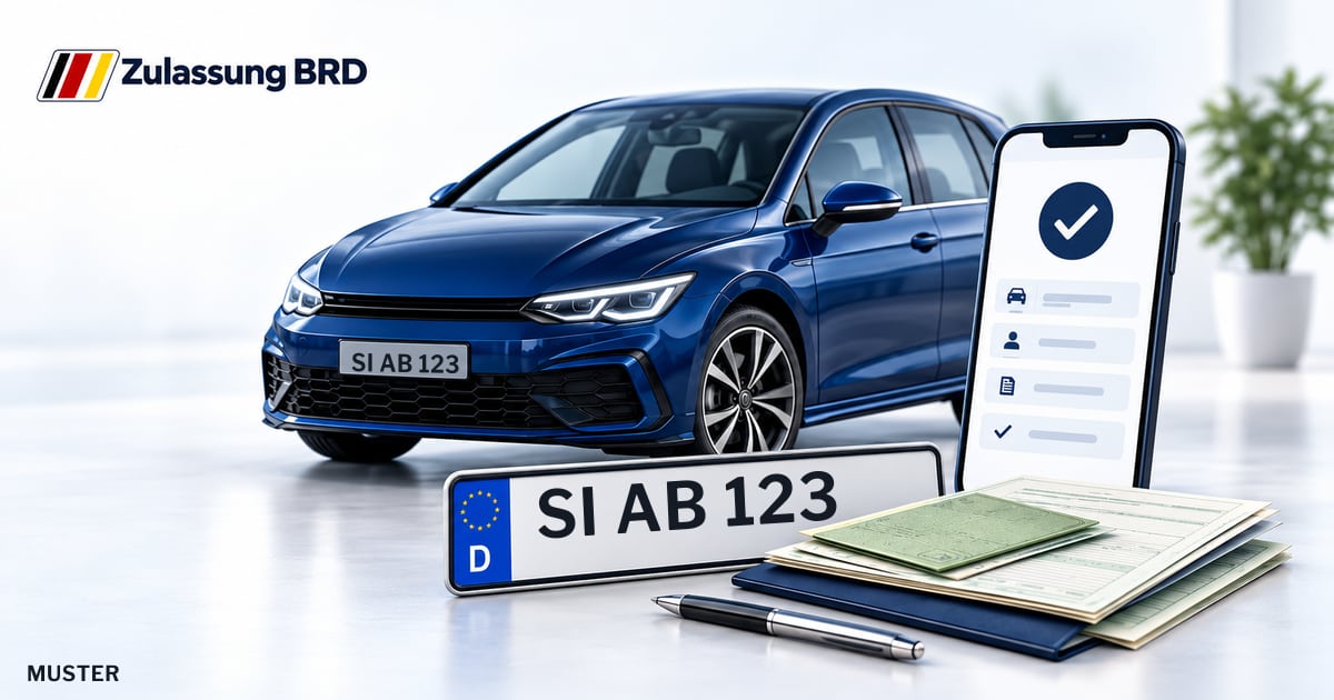 Online Fahrzeugzulassung in Kreuztal: Musterkennzeichen SI AB 123, Auto und Fahrzeugpapiere und Smartphone. Illustration mit Logo von Zulassung BRD.